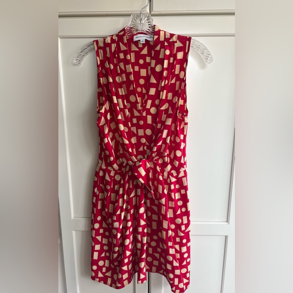 Geometric red/tan knee length dress, size small